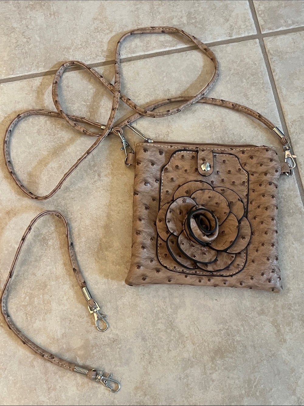 Ostrich Flower Wristlet Crossbody Purse Bag Tan 3D Flower 7”x7”